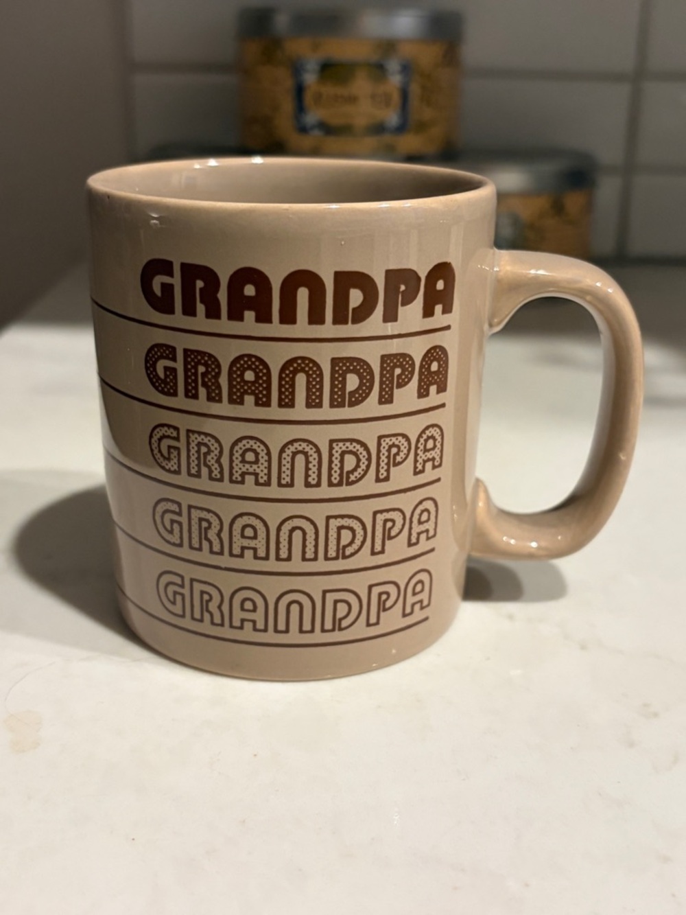 Vintage 80s Kiln Craft Ceramic Grandpa Beige Mug- Typography